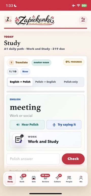 Zapiekanka Polish study screen showing a translation exercise and learning progress on iPhone